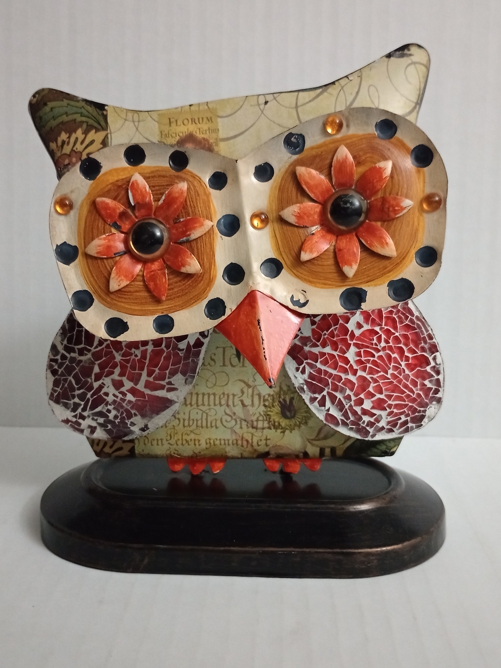 Bejeweled Metal Bobblehead Head Owl 3D Tabletop Mosaic Wings Art Decor Figure